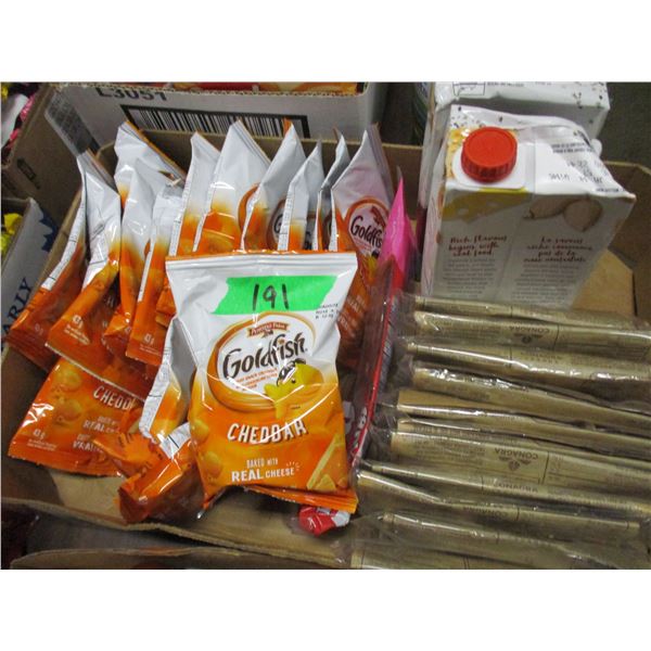 FREIGHT DAMAGE (AS IS):  FLAT C/W POPCORN, BROTH, GOLD FISH CRACKERS, ETC