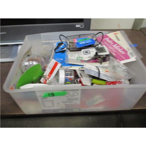PLASTIC BIN C/W OFFICE SUPPLIES, ETC