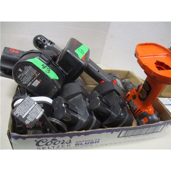 FLAT C/W ASSORTED DRILLS, BATTERIES & CHARGERS