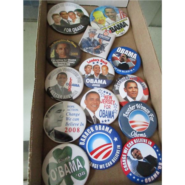 COLLECTABLE:  FLAT C/W ASSORTED OBAMA BADGES
