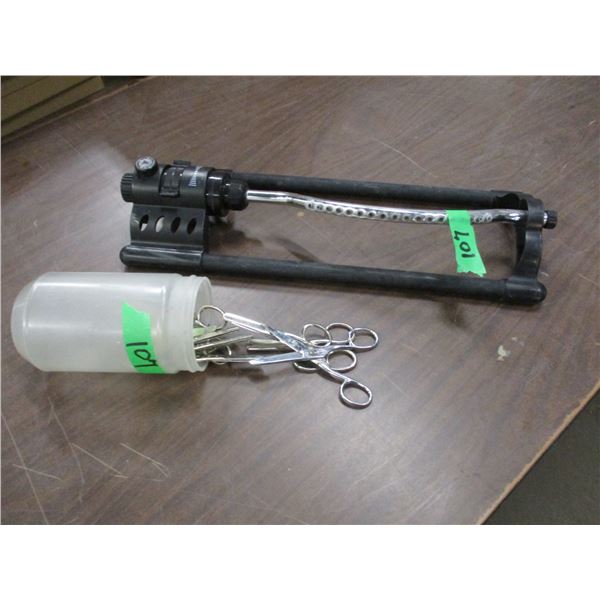 LAWN SPRINKLER, BUCKET OF SCISSORS