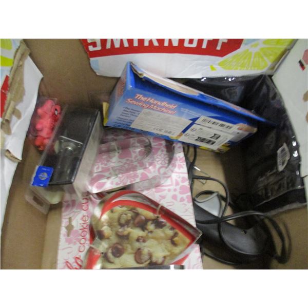 BOX C/W HAND HELD SEWING MACHINE, COOKIE CUTTERS, ETC
