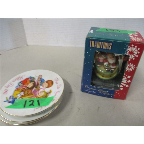 CHRISTMAS ORNAMENT & 3 SMALL PLATES