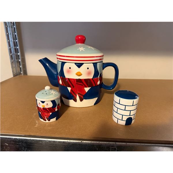 Winter Design Tea Pot and Salt and Pepper Shakers
