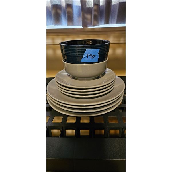 Dishes: 4 dinner plates, 4 side plates, 3 bowls