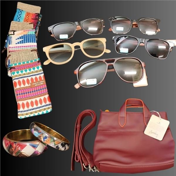Burgundy Bag, Bangles, and Blue Planet Eyewear with + 1.5 Prescription