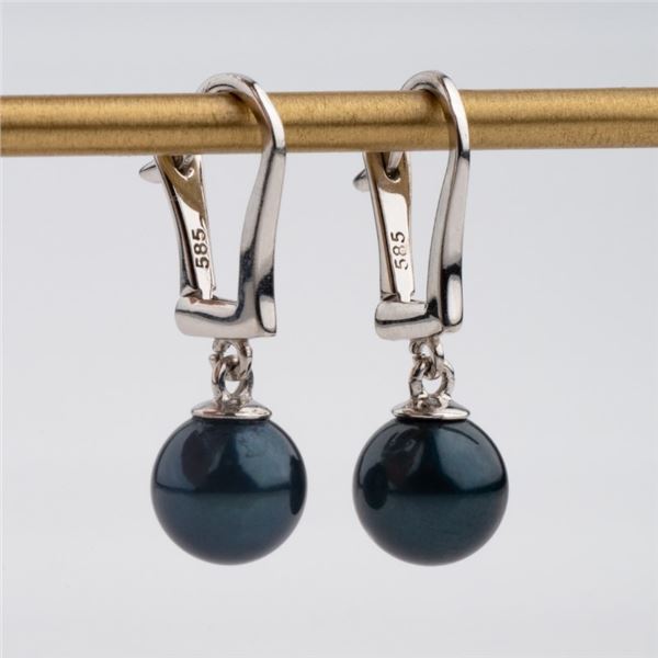 Black Akoya Pearl, 14K White Gold Dangle Earrings