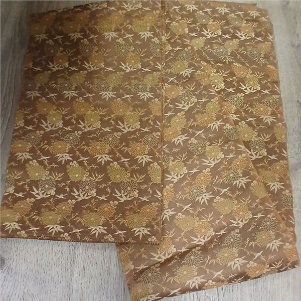 Traditional Japanese Obi, 13' Bronze & Tan Textile with Cranes and Lotus Flowers