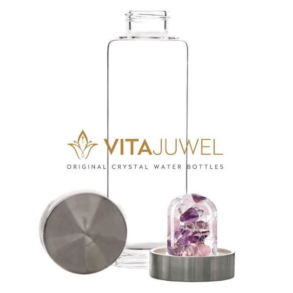 Vita Juwel ViA Wellness- Crystal Water Bottle with Amethyst, Rose Quartz & Clear Quartz -Balance, Re