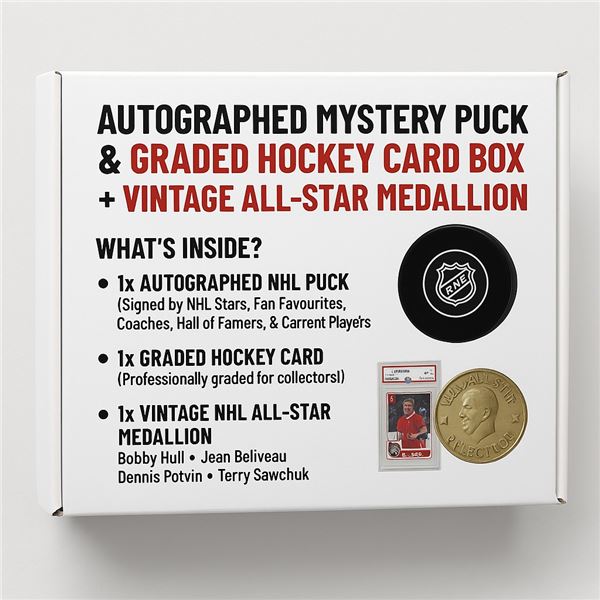 AUTOGRAPHED MYSTERY PUCK & GRADED HOCKEY CARD  + VINTAGE ALL-STAR MEDALLION 🥇