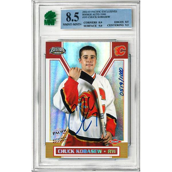ER - Chuck Kobasew AUTOGRAPHED ROOKIE NHL Hockey Card 2002-03 Pacific Exclus 936/1000 Graded 8.5
