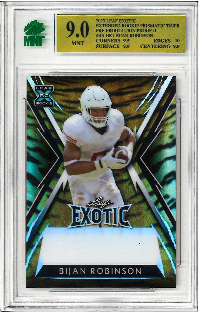 ER - Bijan Robinson 2023 Leaf Exotic Extended Rookie Prismatic Tiger ...