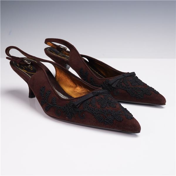 Prada Brown Suede Slingback Heels with Black Embroidery