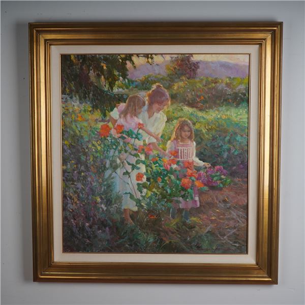 Don Hatfield, Oil on Canvas, Mother and Daughters in Garden, Signed