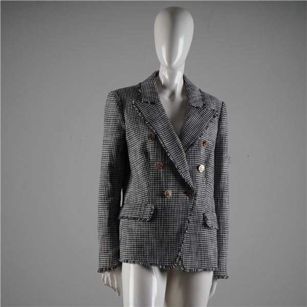 Tahari Houndstooth Wool Blend Double-Breasted Blazer w/ Gold Crest Buttons