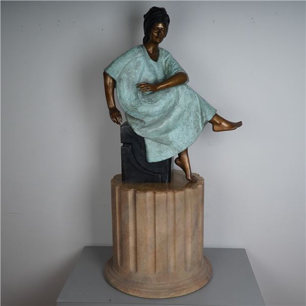Victor Gutierrez, Patinated Bronze Sculpture w/ Base, Seated Woman, Signed