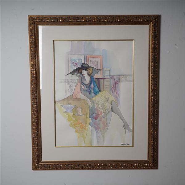 Patricia Govezensky, Watercolor on Paper, Seated Lady in Black Hat, Signed