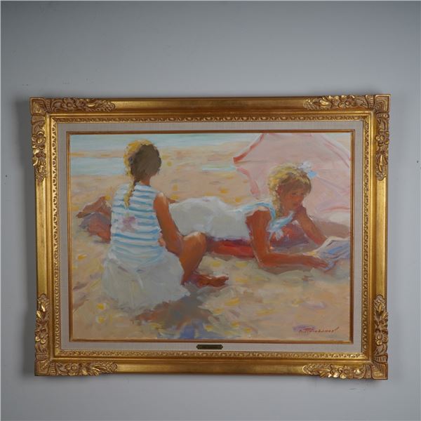 Boris Tchoubanov, Oil on Canvas, Beach Scene with Two Girls, Signed