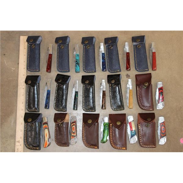 (15) *New* Damascus Steel Folding Pocket KNIVES with Leather Cases (ONE$)
