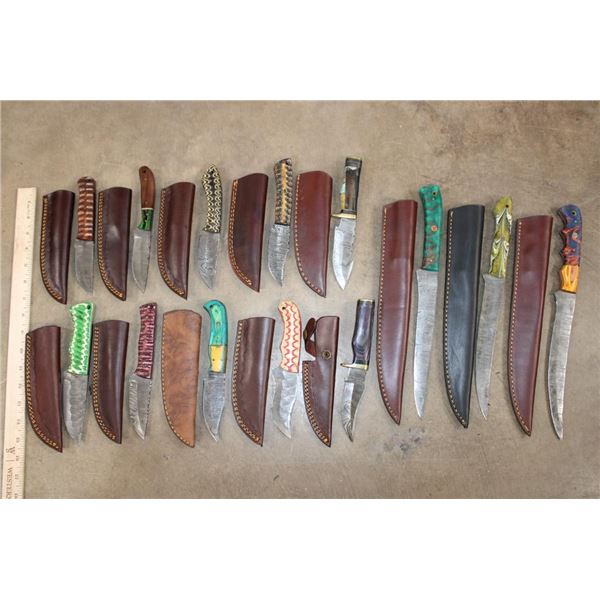 (13) *New* Damascus Steel Fixed Blade KNIVES with custom Leather Sheaths (ONE$)