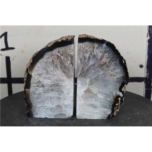 Brazilian AGATE GEODE BOOKENDS with Clear Quartz, Weight: 6lbs 9oz