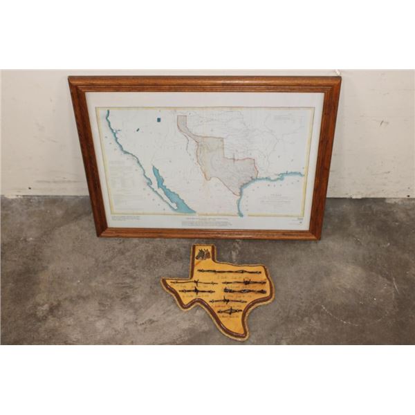 (1) Reproduction "Map of Texas 1844" and (1) Antique 1800s Texas Barbed Wires Plaque (ONE)