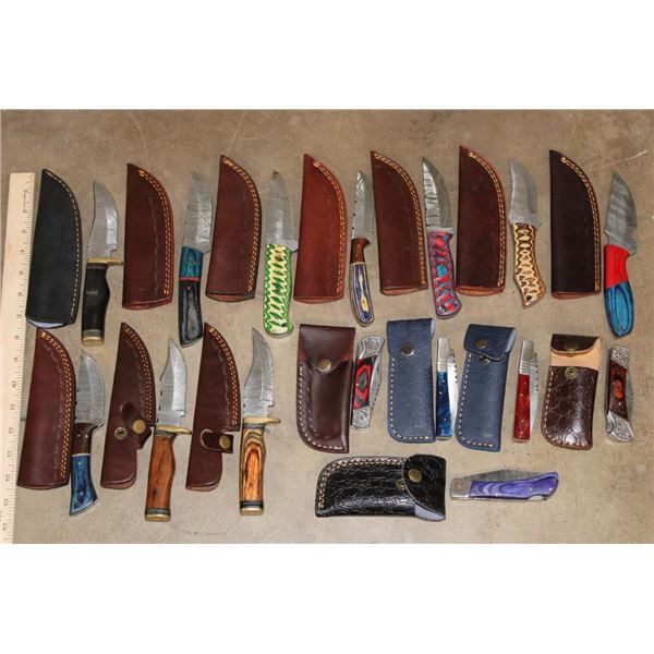 (15) *New* Damascus Steel Knives with Leather Sheaths (ONE$)