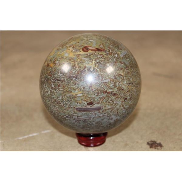 3 lb Polished BAMBOO JASPER Sphere with a Wood Display Stand