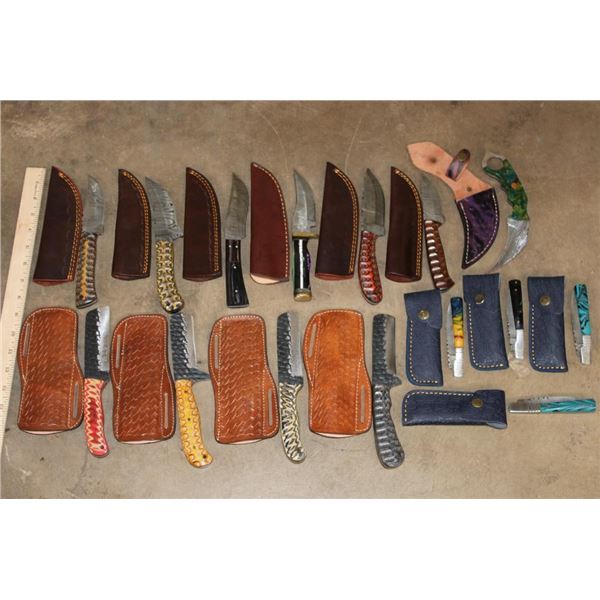 (15) *New* Damascus Knives with Leather Sheaths (ONE$)