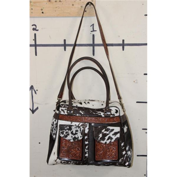 *Brand New* Salt and Pepper Cow Hide and Tooled Leather Bag