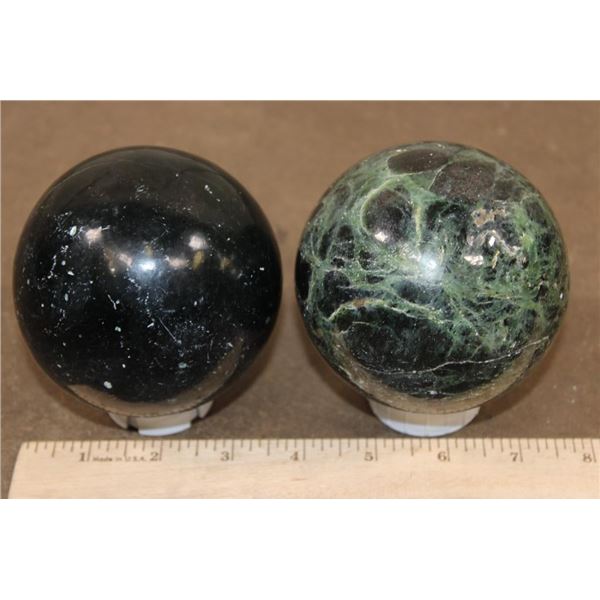 (1) BLACK TOURMALINE Sphere and (1) GREEN APATITE Sphere (ONE$)