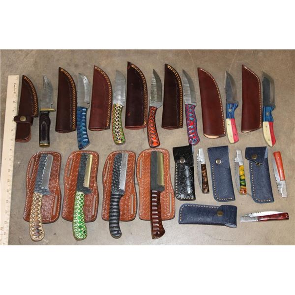(15) *New* Damascus Knives with Leather Sheaths (ONE$)