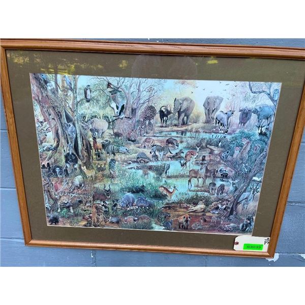 "All Creatures" Art Print Signed by artist Charlotte FK in a Glass and Wooden Frame
