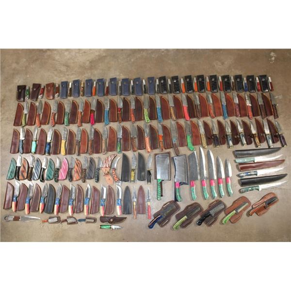 (100) *Brand New* Damascus Steel and Carbon Steel Knives with Leather Sheaths (ONE$)