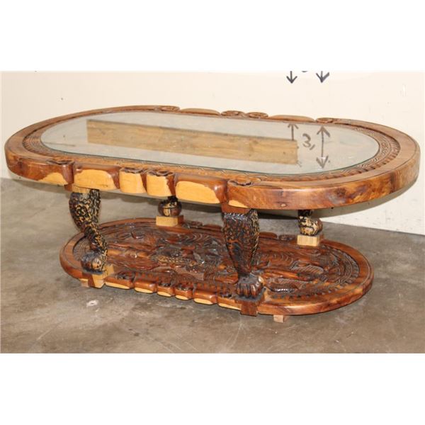 Hand-carved Wood Coffee Table with the "Big 5" and a Glass Top