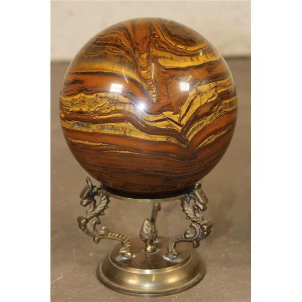 Big 9lb TIGER'S EYE Semi-precious Mineral Sphere with a Brass Dragon Display Stand