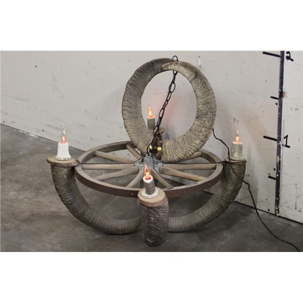 Wagon Wheel CHANDELIER with AOUDAD and MOUFLON Horns
