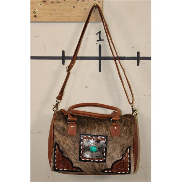 *Brand New* Brindle COW HIDE and Leather Purse with Tooled Accents