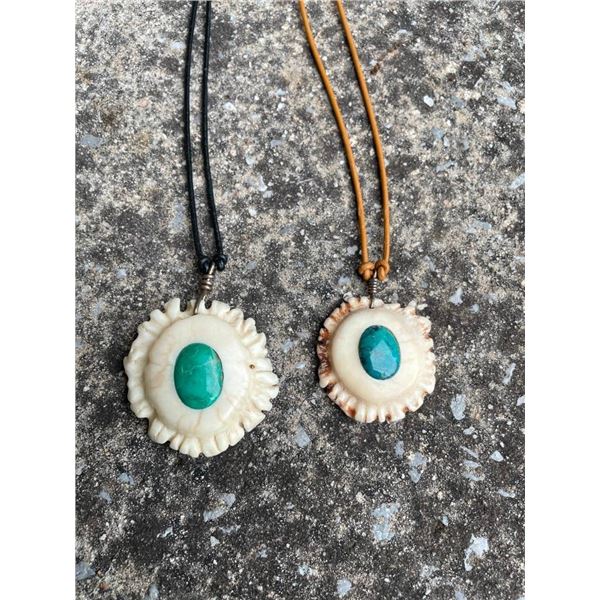 (2) Polished Antler Burr Necklaces with Turquoise Stone Inlays (ONE$)