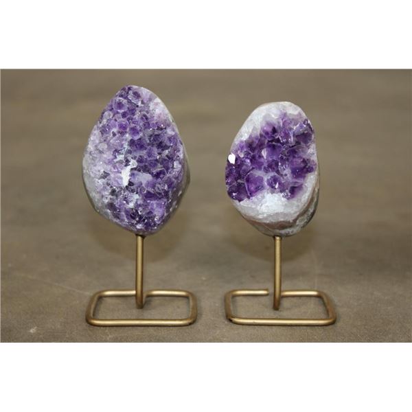 (2) Natural AMETHYST Crystal Clusters on Metal Stands (ONE$)