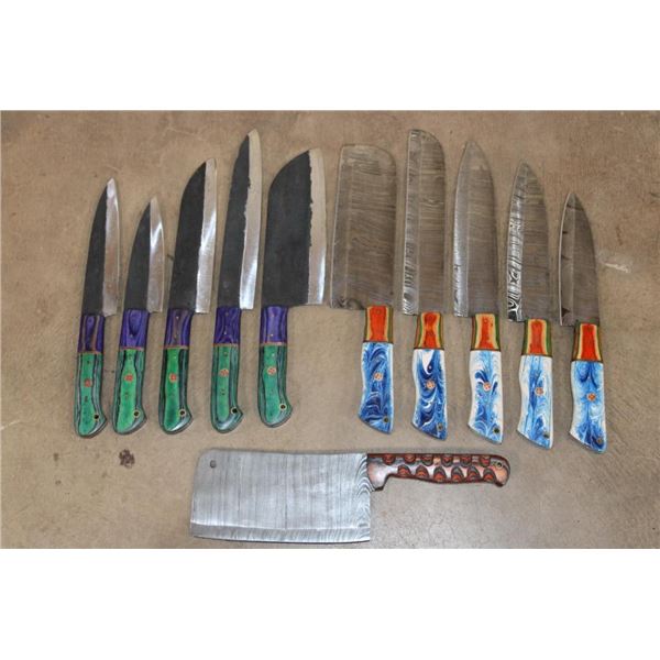(10) *New* Damascus Steel Chef KNIVES, (2 different sets of 5) and 1 Butcher KNIFE (ONE$)