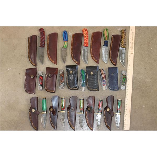 (15) *New* Damascus Steel Blade KNIVES with Leather Sheaths (ONE$)
