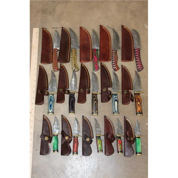 (15) *New* Damascus Steel Fixed Blade KNIVES with Leather Sheaths (ONE$)