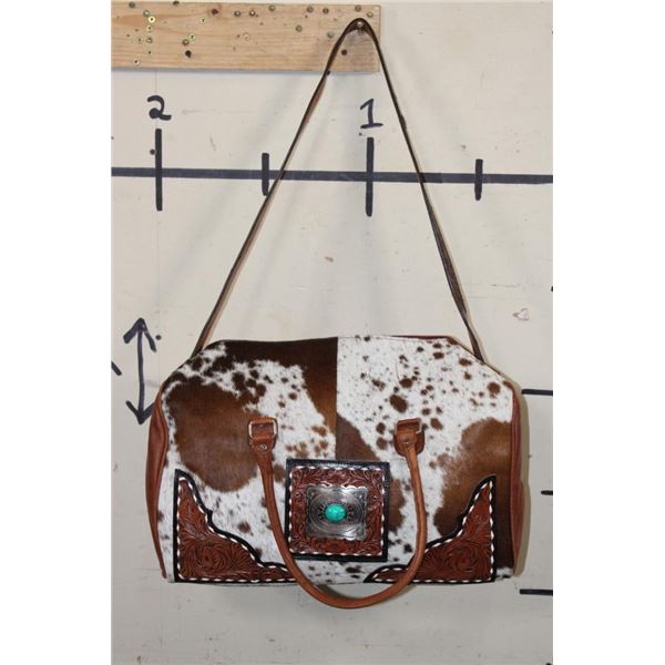 *Brand New* Speckled COW HIDE and Tooled Leather Duffle Bag with a Removable Shoulder Strap