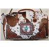 Image 2 : *Brand New* Speckled COW HIDE and Tooled Leather Duffle Bag with a Removable Shoulder Strap
