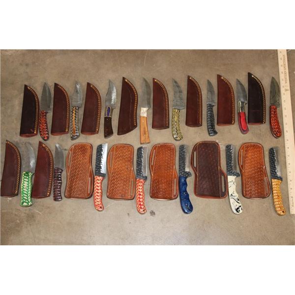 (15) *New* Damascus Steel Knives with Leather Sheaths (ONE$)