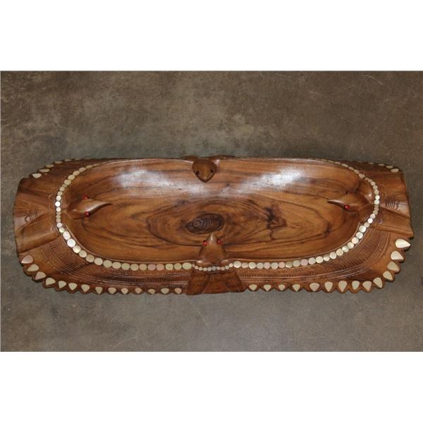 Hand Carved Wooden Tray with Mother of Pearl Inlay and detailed Birds, believed to be Maori