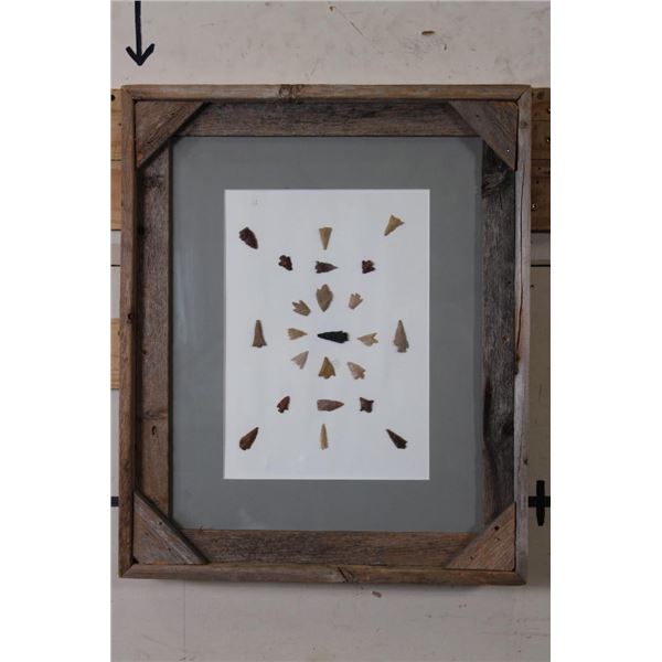 23 Prehistoric Indian Flint Bird Point ARROWHEADS in a Glass and Wood Frame