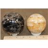 Image 1 : (1) BLACK MOONSTONE Mineral Sphere and (1) Banded ORANGE CALCITE Mineral Sphere (ONE$)