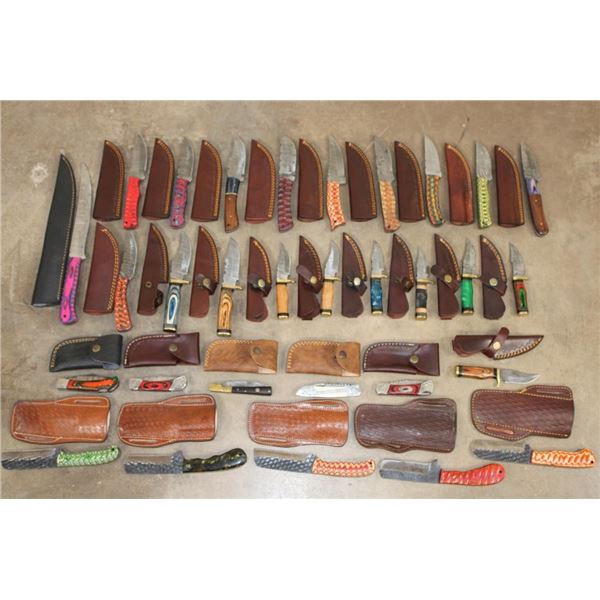 (31) *New* Damascus Steel and Carbon Steel KNIVES with Leather Sheaths (ONE$)